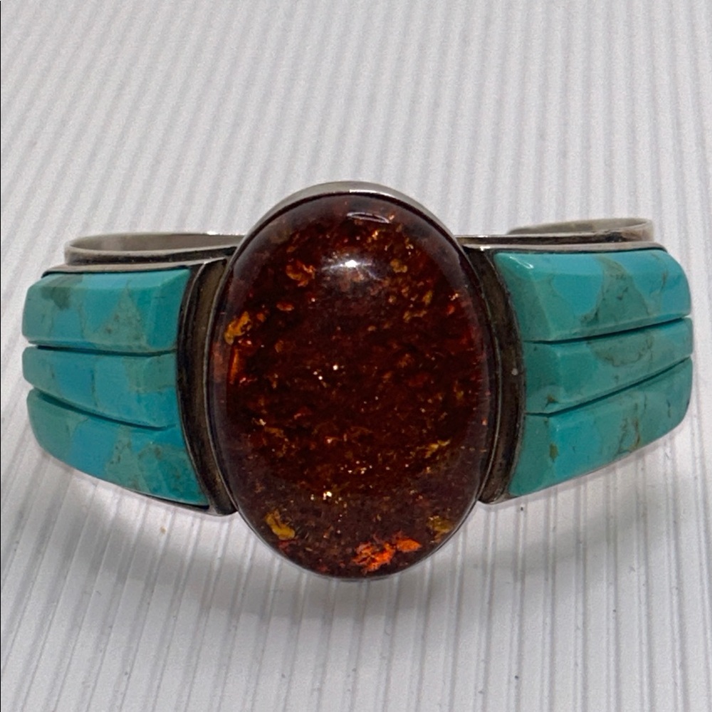 Jay King Sterling Silver Turquoise and Amber Statement Cuff Bracelet